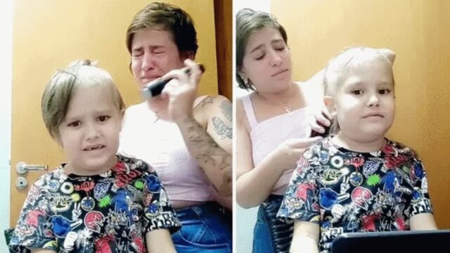 Le lacrime di una madre mentre taglia i capelli al figlio, malato di leucemia